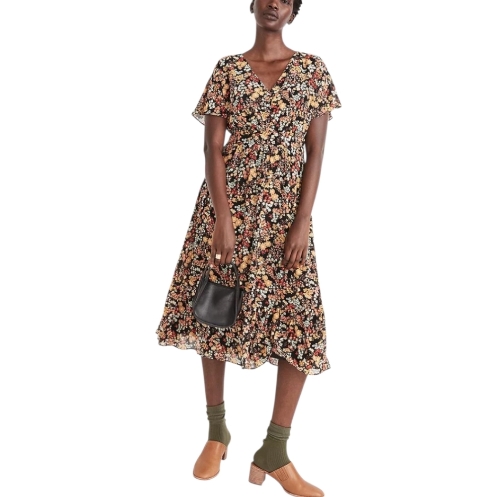 Madewell Dolman-Sleeve Ruffle-Hem Dress Flower Garden Size 10 Packed Floral